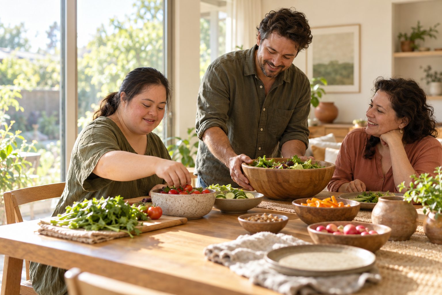 Illustrative scene of three adults preparing a meal together in a sunlit home